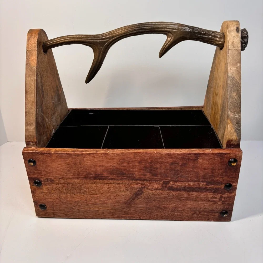 Rustic Pine Wooden Tote Box Antler Handle Primitive Farmhouse Tool Utensil Caddy